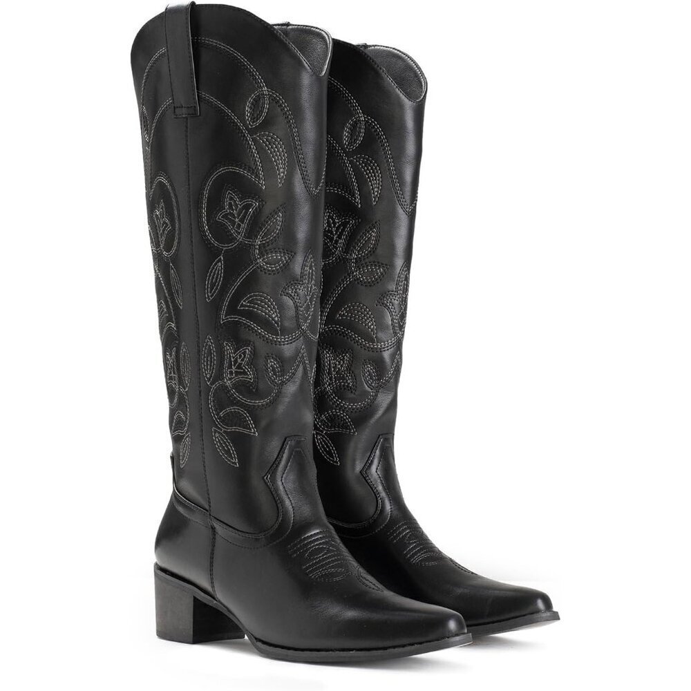 Women's Black 1 Pointy Toe Faux Leather Western Cowgirl Mid Calf Boots - Picture 5 of 6